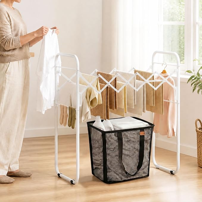STORAGE MANIAC Clothes Drying Rack Foldable for Indoor Outdoor Use, White | 13 Drying Rails Accordion | Antirust Metal Free-Standing Laundry Drying Rack for Clothing Towels | 16.9"D x 36.4"W x 38.2"H