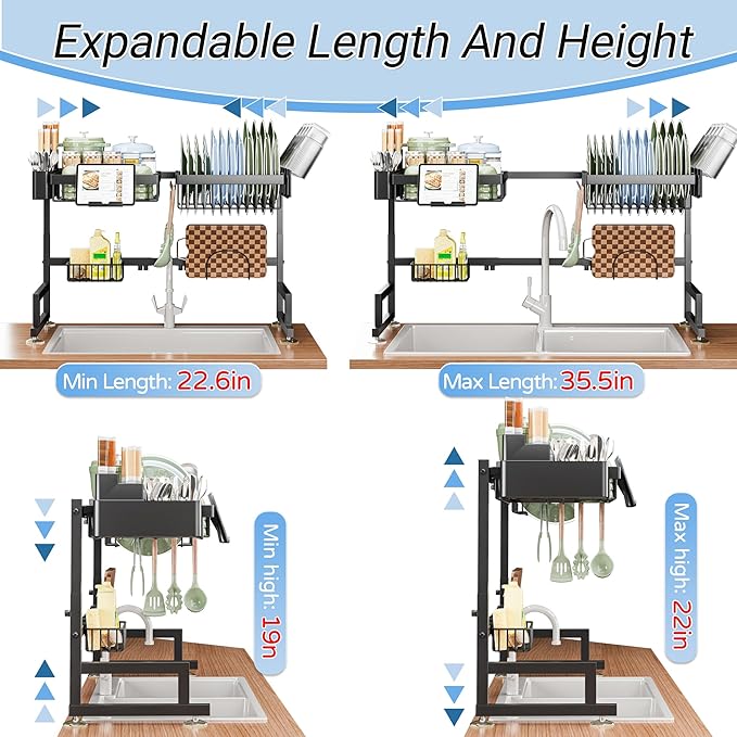 ADBIU Over The Sink Dish Drying Rack (Expandable Height and Length) Snap-On Design 2 Tier Large Dish Rack