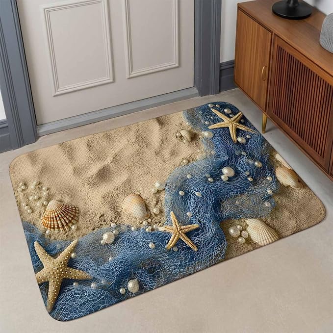 Entryway Rug Indoor Outdoor 31.5"x47.2", Coastal Beach Absorbent Non Slip Floor Mat, Summer Nautical Blue Fishing Net Conch Low-Profile Welcome Mats for Front Door Patio Mudroom Garage Entrance