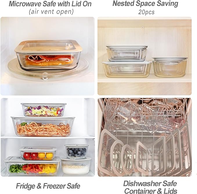 Glass Food Containers with Glass Lid, Microwave Safe Food Storage Container, Large 4 Pack Round Shape, Food Containers with Lids, Meal Prep containers with Leak Proof Lid.