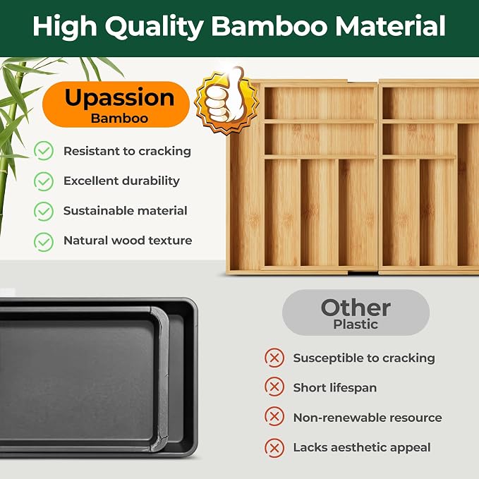 Large Silverware Organizer, 12 Slots Magnetic Connected Expandable Bamboo Utensil Drawer Organizer From 21 to 37.4 Inches, Adjustable Flatware and Cutlery Holder, Utensil Tray for Kitchen Natural