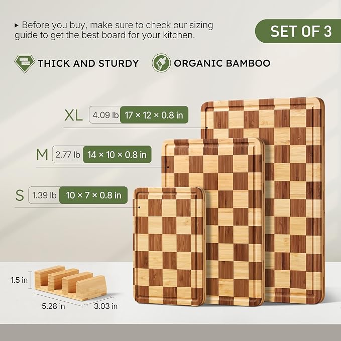 3 Pack Bamboo Cutting Board Set Checkered Wooden Cutting Board for Kitchen Non Toxic Charcuterie Board Serving Non Slip End Grain Wood Chopping Board for Meat Fruit Cheese Kitchen Housewarming Gift