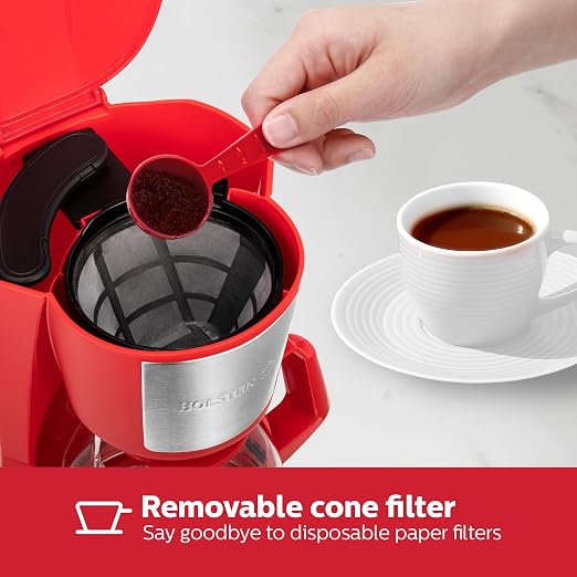 Holstein Housewares 5 Cup Drip Coffee Maker – Compact and User-Friendly with Auto Pause & Serve, Reusable Filter, Measuring Spoon & Glass Carafe, Office & Dorm Use, Red