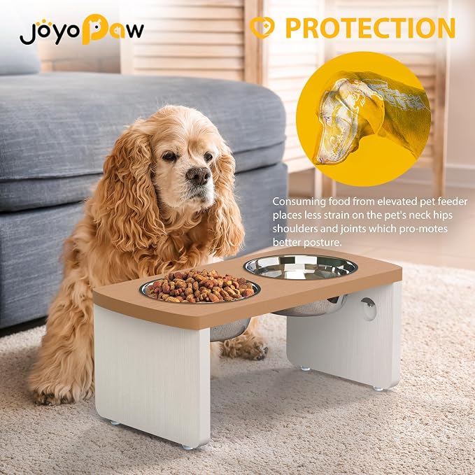 Elevated Dog Bowls, Waterproof Raised Dog Bowl for Medium Dogs, HIPS Poly Lumber Stand with 2 Stainless Steel Bowls, Indoor & Outdoor Use (7'' Tall-40 oz Bowl, Teak - White)