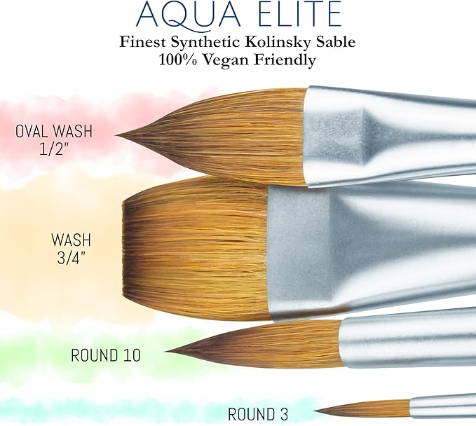 Princeton Artist Brush Co Aqua Elite 4850 Series - 4pc Watercolor Brush Set - Synthetic Watercolor Brushes Professional Kolinsky Sable Brushes - 1/2” Oval Wash, 3/4" Wash, Round 3 & Round 10