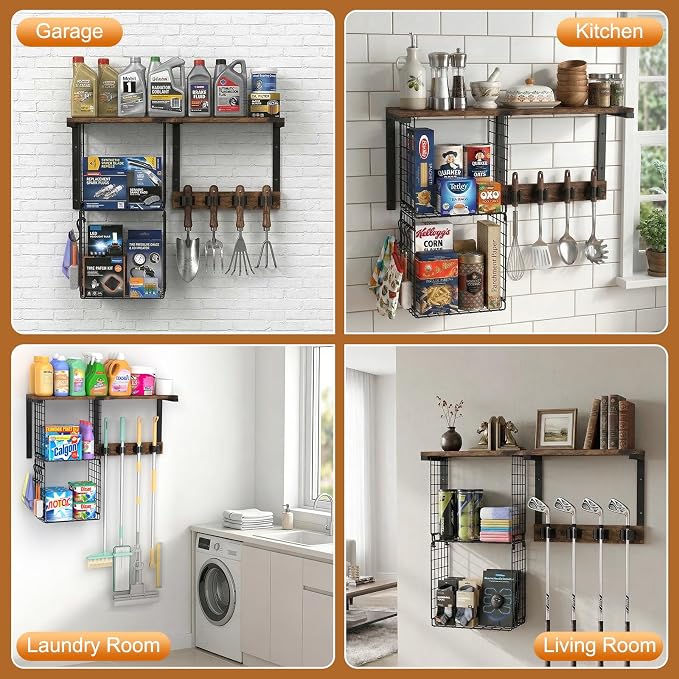 Housolution Broom Holder Wall Mount with Cleaning Supplies Organizer, 100 LBS High Load-Bearing Laundry Room Storage Shelves, Multifunctional Mop Hanger Rack with 2 Baskets, 4 Grippers & Hooks