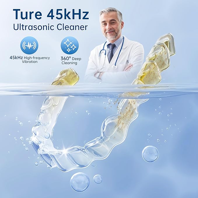 45kHz Ultrasonic Retainer Cleaner Machine, 200ML Dental Cleaning Pod for Dentures, Aligners, Invisalign, Mouth Guards, Night Guards, Jewelry, Toothbrush (Blue)