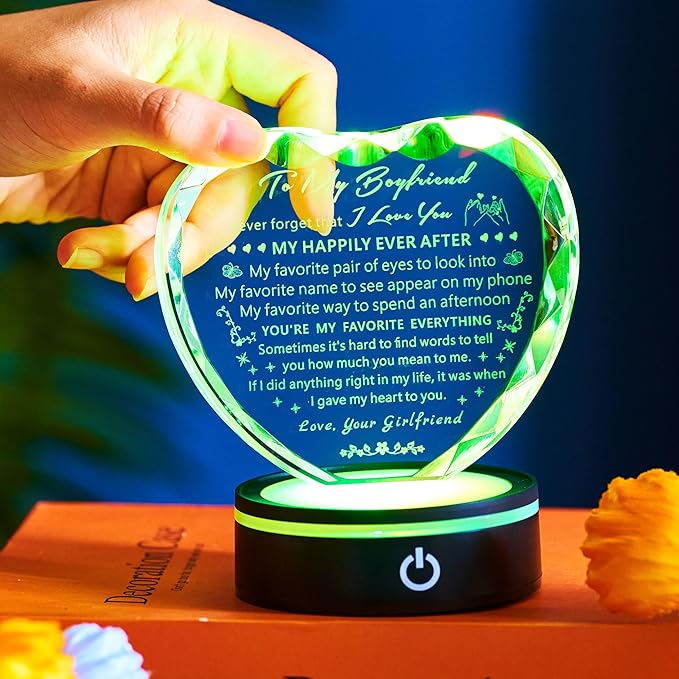 Gifts for Boyfriend with Colorful LED Base Unique Birthday Gift Ideas from Girlfriend Romantic Heart Crystal Keepsakes to My Anniversary Christmas Valentine Day