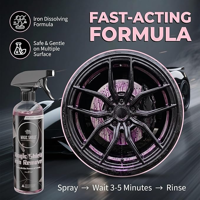 Magic Shield Iron Remover Spray for Cars 16oz - pH-Neutral Iron and Fallout Remover for Car, Motorcycle, RV & Boat | 5-Minute Reaction, Effective on Wheels & Paint | All-In-One Solution