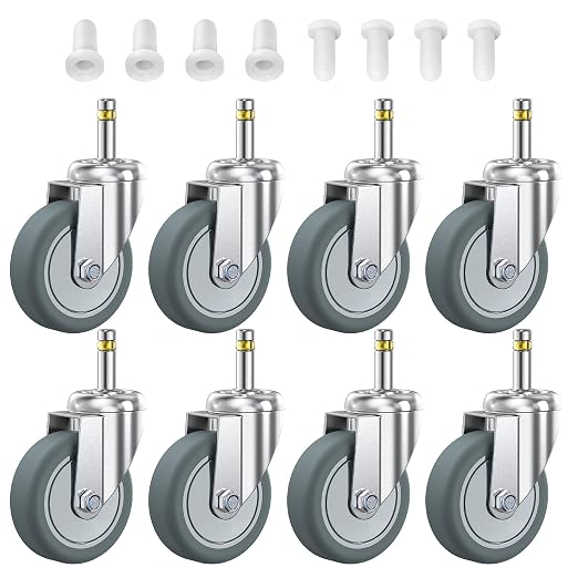 HOLKIE Stem Caster Wheels 3 inch Casters Set of 8, 7/16-Inch Stem Diameter Swivel Castors Heavy Duty TPR Rubber Replacement Castor for Cart, Stool, Mop Bucket, Grill, Shop Vac