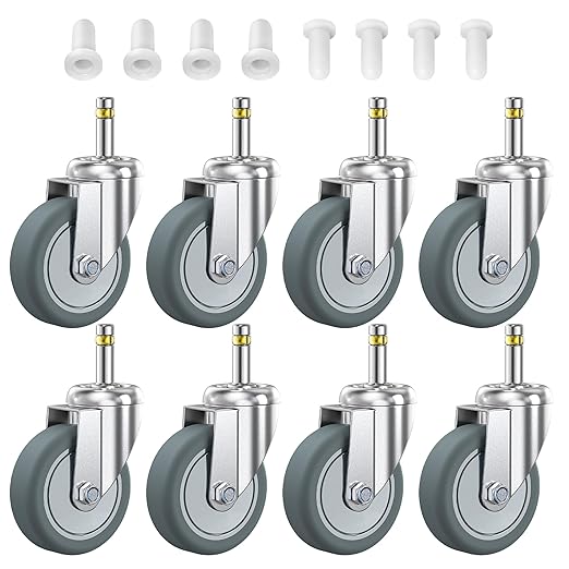 HOLKIE Stem Caster Wheels 4 inch Casters Set of 8, 7/16-Inch Stem Diameter Swivel Castors Heavy Duty TPR Rubber Replacement Castor for Cart, Stool, Mop Bucket, Grill, Shop Vac