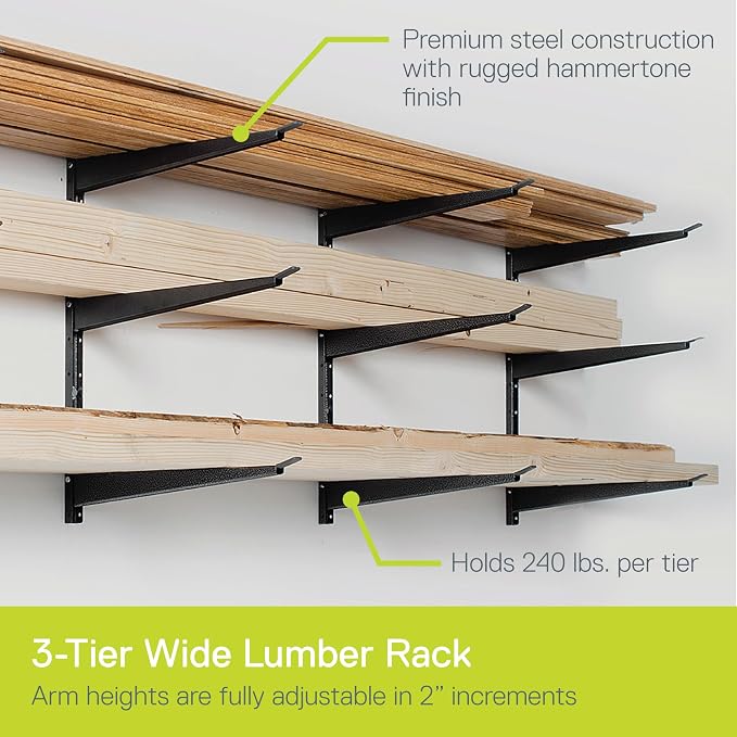 Delta Heavy Duty Lumber Storage Rack Cycle, Holds Up to 720 lbs - 3-Tier Wide Wood Storage Rack with Fully Adjustable Arms - Steel Construction Storage Solution for Garage, Basement & Pantry