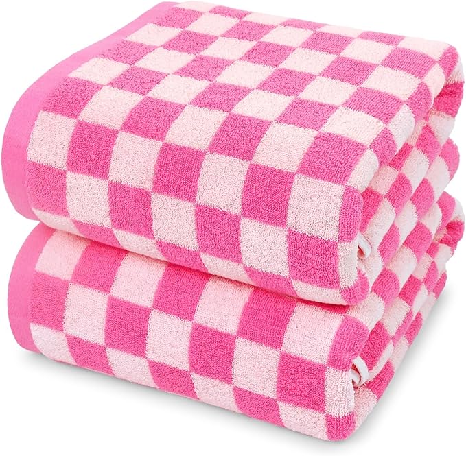 Jacquotha Hot-Pink Checkered Cotton Bath Towels Set of 2 | Cute Aesthetic Bathroom Towels for Women Girls Teens, Bathroom Decor 27.5" x 55"
