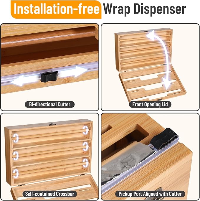 Allinside Magnetic Plastic Wrap Dispenser with Cutter, 3 in 1 Refrigerator Bamboo Wood Organizer for Tin Foil, Baking Paper, Wax Paper Holder Kitchen Storage Box Compatible with 12.9" Roll (3 Layer)