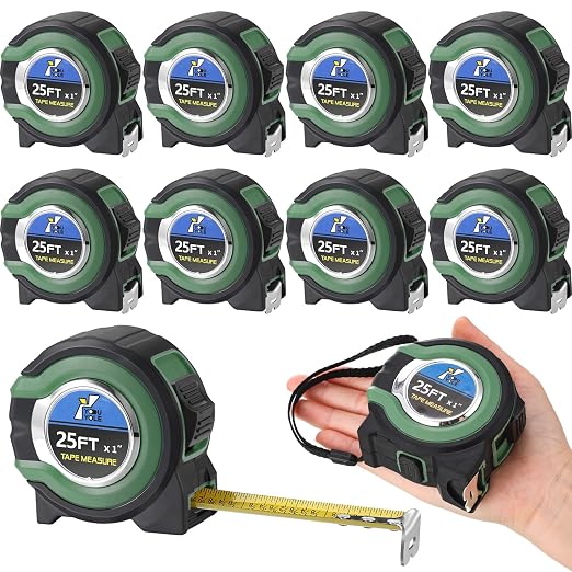 Youyole 10 Pack Tape Measure with Fractions 1/8 Steel Measuring Tape Retractable Easy Read Measurement Ruler Steel Power Blade (25 ft X 1 in,Green)