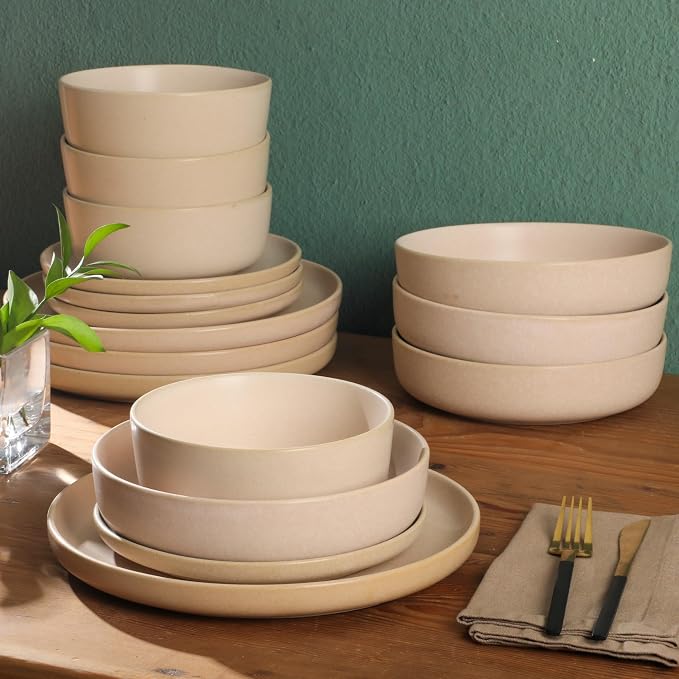Gibson Elite Pasco 16 Piece (Service for 4) Plates and Bowls Double Bowl Reactive Glaze Dishes Stoneware Ceramic Dinnerware Set - Cream