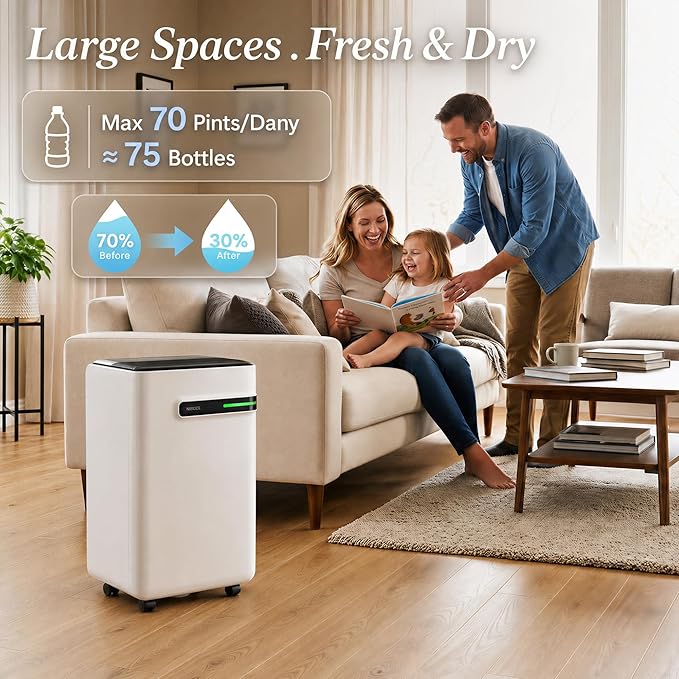 AIRPLUS Dehumidifier for Basement - 4,500 Sq. Ft. 70 Pints, Multifunctional Dehumidifier with Drain Hose & Auto Shut-Off Function, Powerful Dehumidifiers for Home(AP2103)