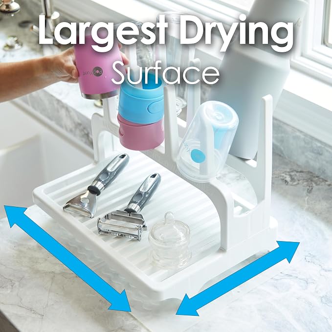 PopYum White Space Saving Drying Rack from 100% Recycled Bottles | Space Saving, Made from 100% Recycled Bottles, Countertop for Baby Bottles, For Plastic Bags, Cups, Glass, Tumblers, Compact
