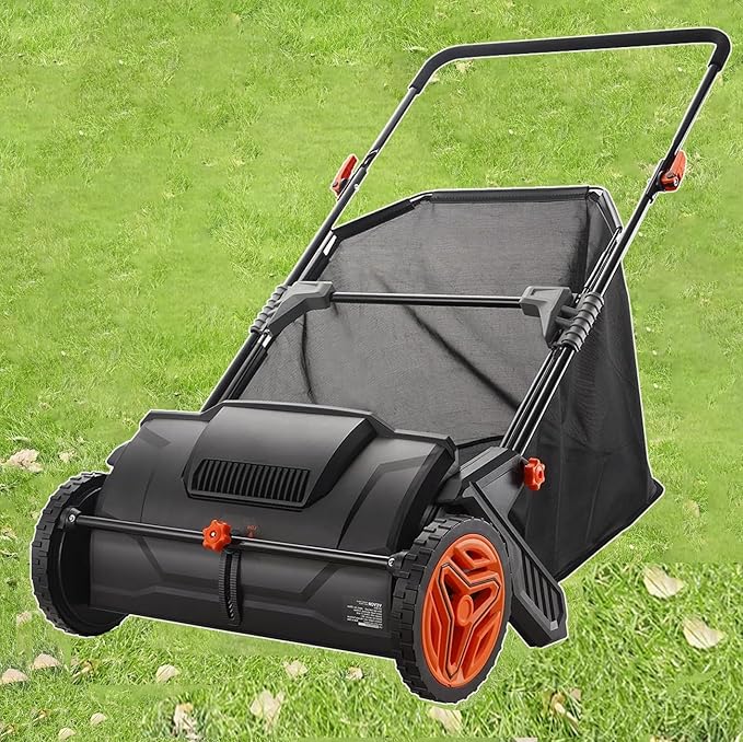 Push Lawn Sweeper, 21-inch Leaf & Grass Collector, Strong Rubber Wheels & Heavy Duty Thickened Steel Durable to Use with Large Capacity 3.5 cu. ft. Mesh Collection Hopper Bag, 2 Spinning Brushes