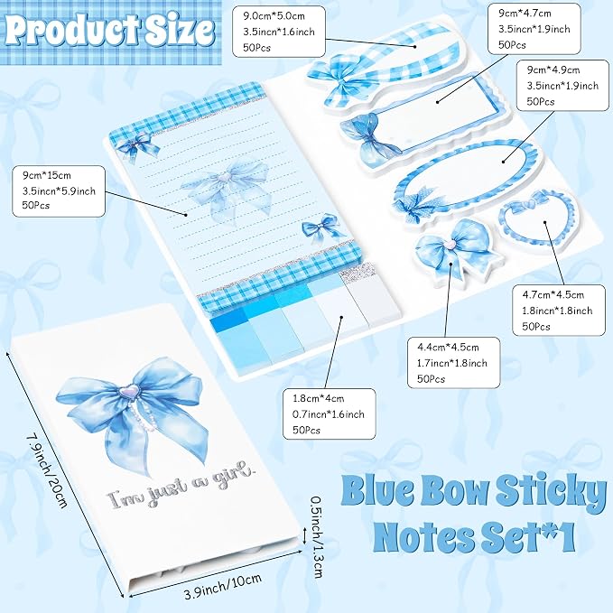 Xqumoi Coquette Blue Bow Sticky Notes Set - I’m Just A Girl Self-Stick Note Pads Bowknot Notepads Writing Memo Pad Page Marker Bookmarker Preppy Girly Stuff Back to School Office Supplies Gift