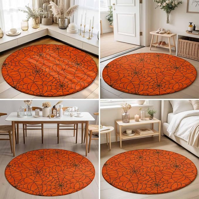 Round Area Rug 4', Orange Halloween Washable Area Rugs for Kitchen Bathroom Bedroom Office Dining Room, Black Spiders Net Classic Gingham Non Slip Door Mat Indoor Entrance Floor Throw Circle Carpet