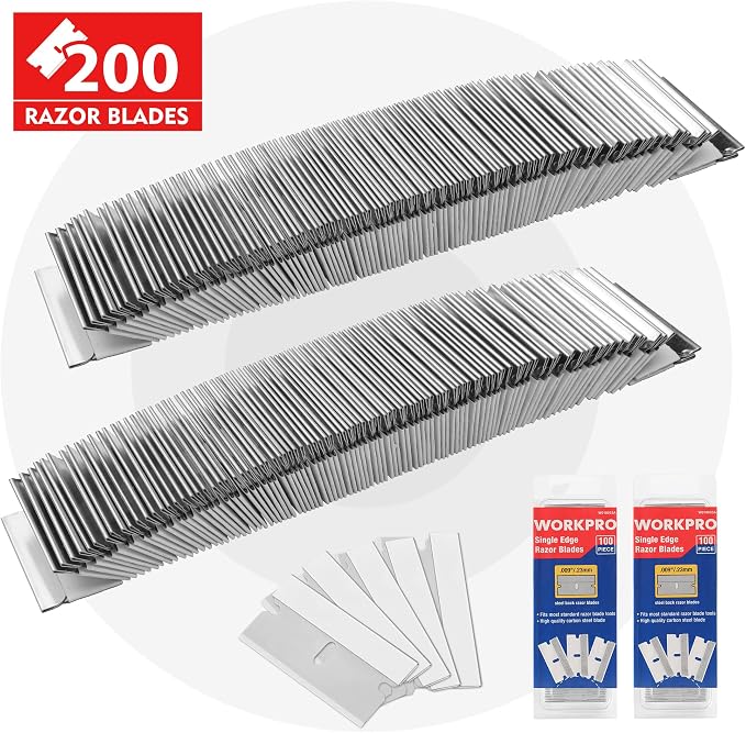 WORKPRO 200-Pack Single Edge Razor Blades, Carbon Steel Scraper Blades | Industrial Scraper Razor Blades, High Carbon Steel One Edge Razor Blades for Paint, Sticker & Label Removal
