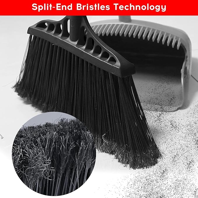 Tiumso Outdoor Broom for Floor Cleaning, Heavy Duty Brooms with 55" Long Handle, Angle Brooms for Concrete Courtyard Home Patio Kitchen Shop Lobby Patio Lawn - Black