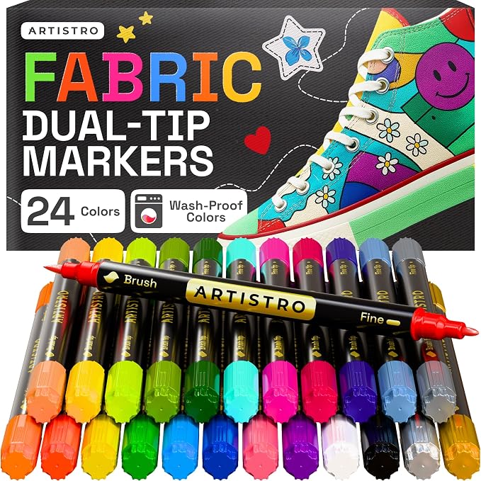 ARTISTRO 24 Dual-Tip Fabric Markers Decorating Kit, Permanent for Clothes | Brush & Fine Tip, Acrylic Paint Pens for Sneakers, Bags, Shoes, Textiles, Canvas, Sewing, Craft, & DIY