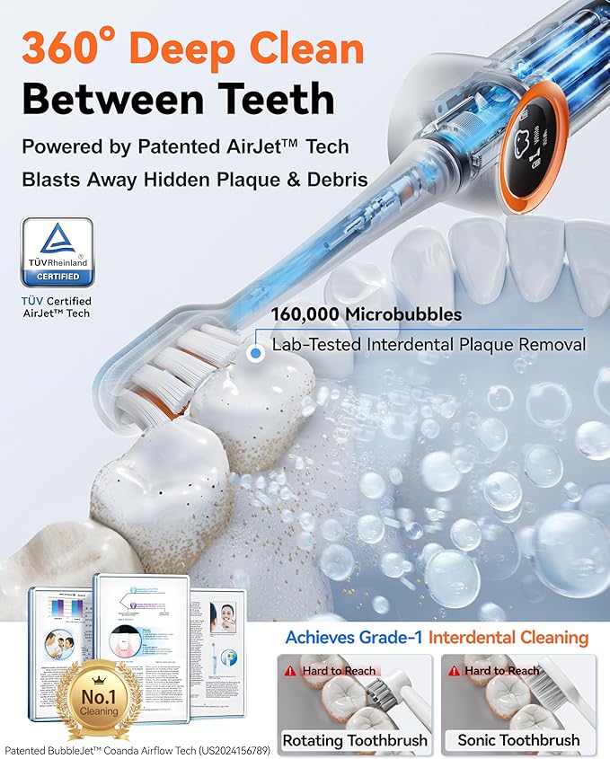 RANVOO AirJet X3 [AI Max Jet Clean] [Flossing & Sonic Brushing 2-in-1] Electric Toothbrush for Adults, 100% Plaque Removal, Whitening, 60-Day Battery, Soft & Gum Care for Sensitive Teeth/Braces White
