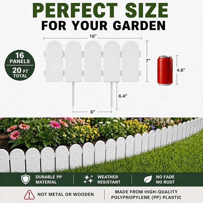 Garden Border Edging: Wooden Fence Design - 16pcs White Yard Landscaping Fence Liner Lawn Edge Barrier - 20ft Kit of Decorative Lawn Landscape Panels Elements-Landscaping Edging-GMT-10374-D16