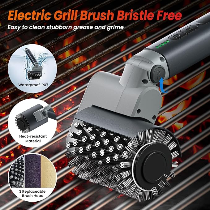 VOXPOA Electric Grill Brush for Outdoor Grill,3-in-1 Kit Cordless Rotary Grill Cleaner with 3-Speed Control&Angle Adjust,Safe for Cast Iron/Stainless-Steel Grates,Ideal BBQ Gifts for Men Dad