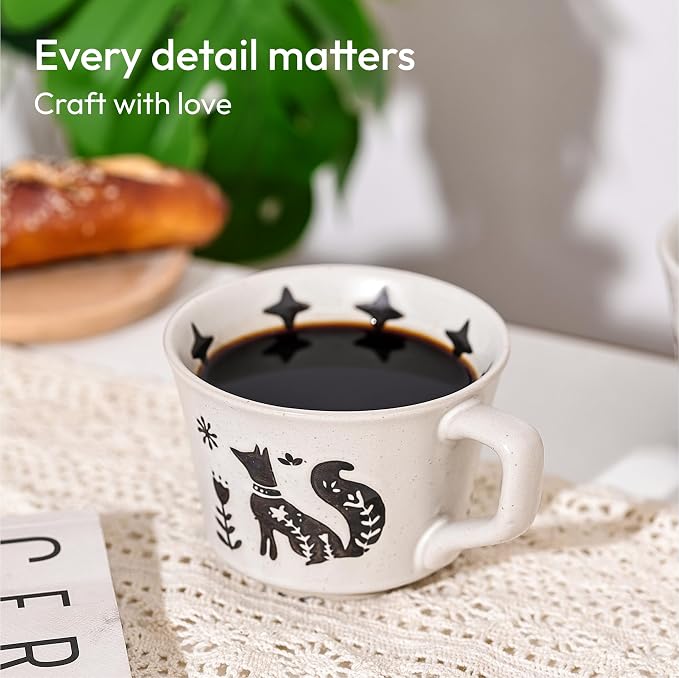11 oz Ceramic Coffee Mug, Stoneware Teacup with Handle | Small Novelty Unique Cup for Tea Mocha Latte Cappuccino, Microwave Dishwasher Safe (Set of 4, Fox and Bear)