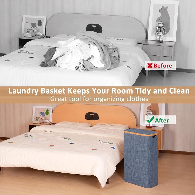 iEGrow 65L Slim Laundry Hamper, Narrow Laundry Basket with Lid,Foldable Clothes Hamper with Bamboo Handles,Hamper Basket with Removable Inner Bag for Laundry Room Bedroom College Dorm,17.17 Gals Blue