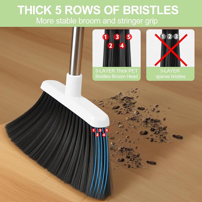 Broom with Dustpan Combo Set for Home, 52-in Long Adjustable Handle Angle Broom and Dustpan Set with Dustpan Comb Teeth for Sweeping Pet Hair Food Dirt Kitchen (White-Green)