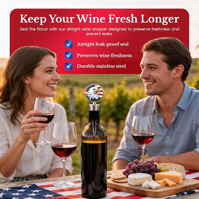 Patriotic Wine Bottle Opener Set: Professional Waiters Corkscrew Wine Opener & Wine Bottle Stopper - Double-Hinged Stainless Steel & Rosewood. 2-Piece Wine Accessories Gift Set