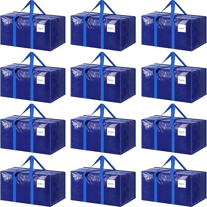 12 Pack Extra Heavy Duty Large Moving Bags with Strong Zipper, Blue | Comfortable Handles, Sturdy & Durable Clothes Storage Bags Totes Bins, Blue Packing Moving Boxes for College Supplies