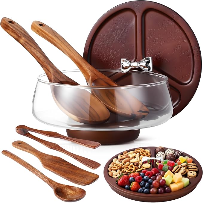 Hushee Glass Salad Bowl Set, Party Salad Bowl with Wood Base and Lid as Cheese Charcuterie Board and Plate, Comes with 5 Pieces of Elegant Wood Serving Utensils (1.27 Qt)