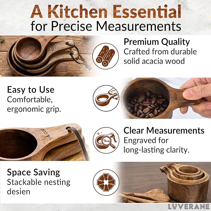 wooden measuring cups and spoons set - 8 Piece Solid Acacia Wood Stackable Kitchen Essentials for Precise Cooking, Baking & Food Prep - Engraved Measurements