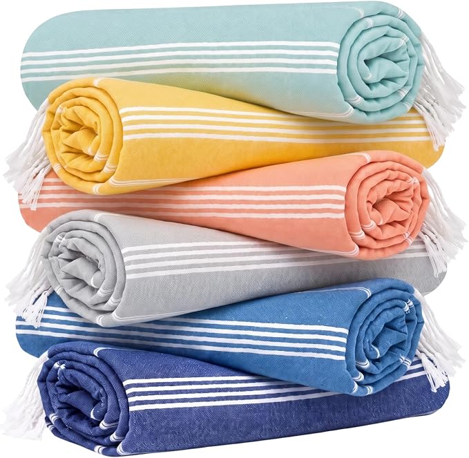 HAVLULAND Turkish Beach Towel Set of 6 Oversized 72x40 100% Turkish Cotton | Soft Hammam Peshtemal, Sand Free, Quick-Dry, Absorbent Bath Towel | Lightweight & Compact for Travel, Pool, Gym, Spa