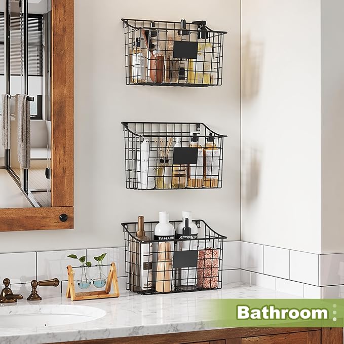 Wall Mounted Bin Basket with 5 Hooks 3 Label Plate Adhesive-3 Pack, Cabinet Hanging Metal Wire Basket,Rustic Farmhouse Decor, Storage Organization Shelf for Pantry Kitchen Bathroom 10.6*7.5*5.1inch