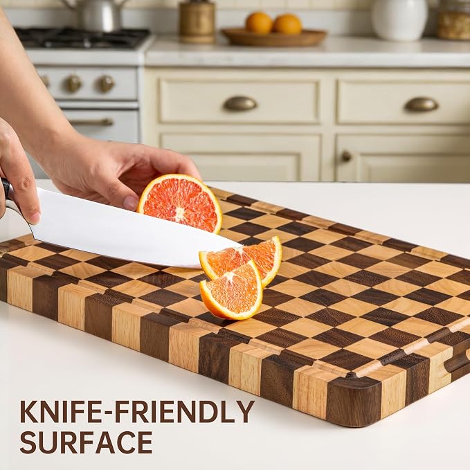 Wooden Cutting Boards for Kitchen, 1.2" Checkered Cutting Board | 17" x 12" Walnut Chopping Board with Juice Grooves & Handles, Double-sided Butcher Block for Prep & Serving with Gift Box