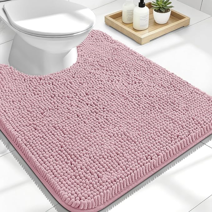 OLANLY Toilet Rugs U-Shaped 24x20, Extra Soft Absorbent Chenille Contour Bathroom Rugs for Toilet, Dry Quickly, Machine Washable, Non-Slip Bath Mat, Dusty Rose