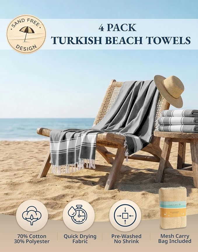 LANE LINEN Beach Towels 4 Pack Oversized, Turkish Towel Set - Smoky Black | Pre-Washed Oversized Beach Towel - 39"x71", Vacation Essential - Machine Washable, Travel & Camping - Super Absorbent, Soft