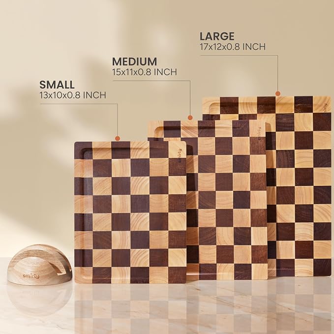 SMIRLY Cutting Board for Kitchen, 3 Pcs Rubberwood Cutting Board with Stand | Non Toxic Checkered Cutting Board with Juice Grooves and Handles, Multiple Sizes Wood Chopping Boards for Meal Prep