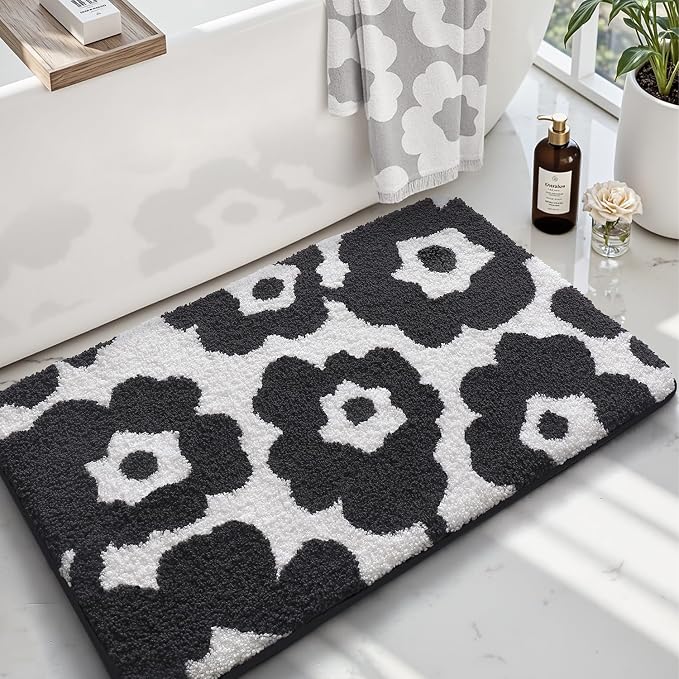 LUMI Bathroom Rugs Cute Floral Design, Soft Absorbent Microfiber Bath Mat Non-Slip, Machine Washable Quick Dry Luxury Rug Flower Black and White for Floor, Bathtub, Home Decor, 20"x32"