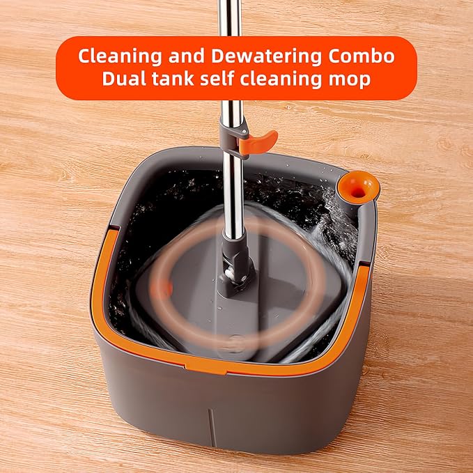 Spin Mop and Bucket Set with Self Separation Dirty and Clean Water System, Square Mop Bucket Self Wringing 360° Rotating Clean Floor Mop-Head for Hardwood Tile Marble Floors-with 14Pads