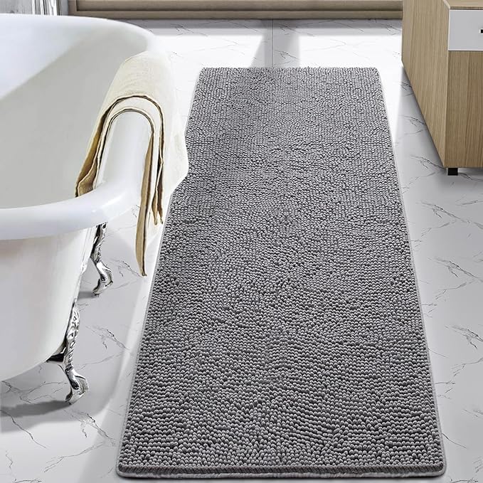 LOCHAS Luxury Bathroom Rug Shaggy Bath Mat 24 x 48 Inch, Gray | Washable Non Slip Bath Rugs for Bathroom Shower, Soft Plush Chenille Absorbent Carpets