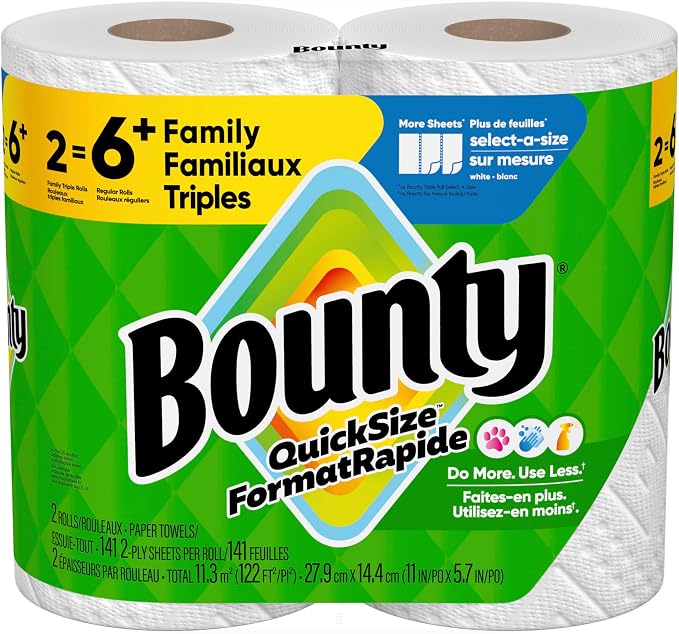 Bounty Paper Towels Quick Size, White, 6 Family Triple Rolls = 20+ Regular Rolls