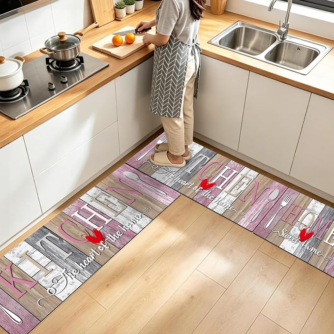 Kitchen Rugs Set 3 Piece, Non Slip Kitchen Mats for Floor, Soft Fabric with Rubber Backing, Farmhouse Anti Fatigue Runners Carpet for Home Kitchen Laundry Room Hallway (Rustic Pink & Grey)