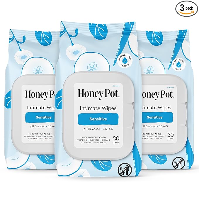 The Honey Pot Company - Feminine Wipes - Sensitive - pH Balancing, Herbal Infused Plant-Based Feminine Care for Sensitive Skin - Cleansing Wipes for Women - 30ct (Pack of 3)
